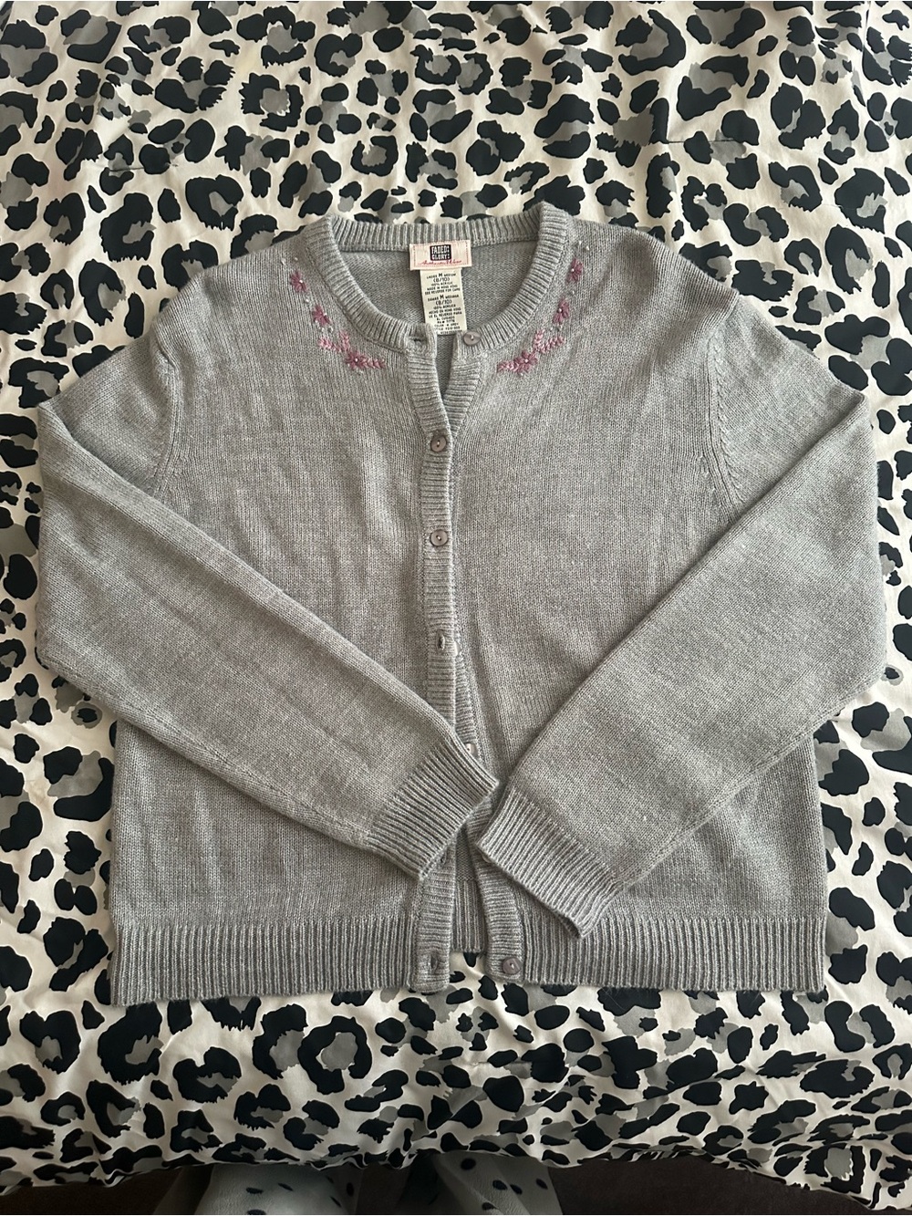 Faded Glory Light Gray Cardigan with Pink/Purple Embroidery